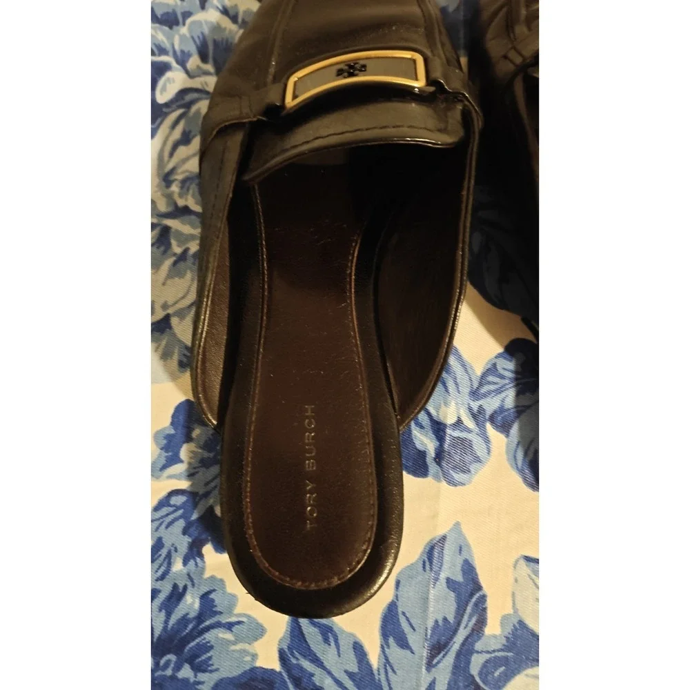 Tory Burch Georgia Backless Loafer Flats Mules Black Gold Logo Sz 10.5 M